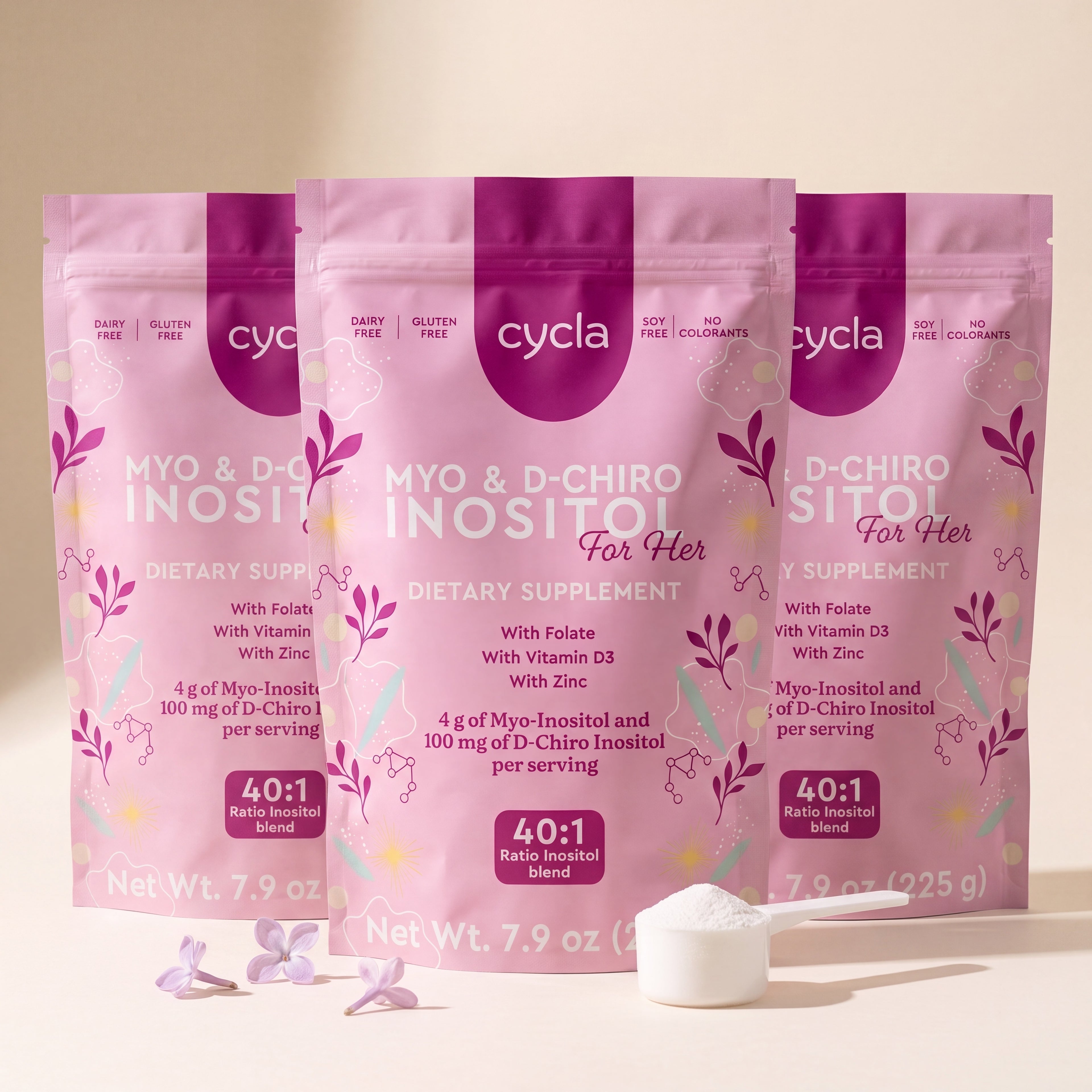 Three Cycla pouches with the exact-dose scoop, multi-month supply